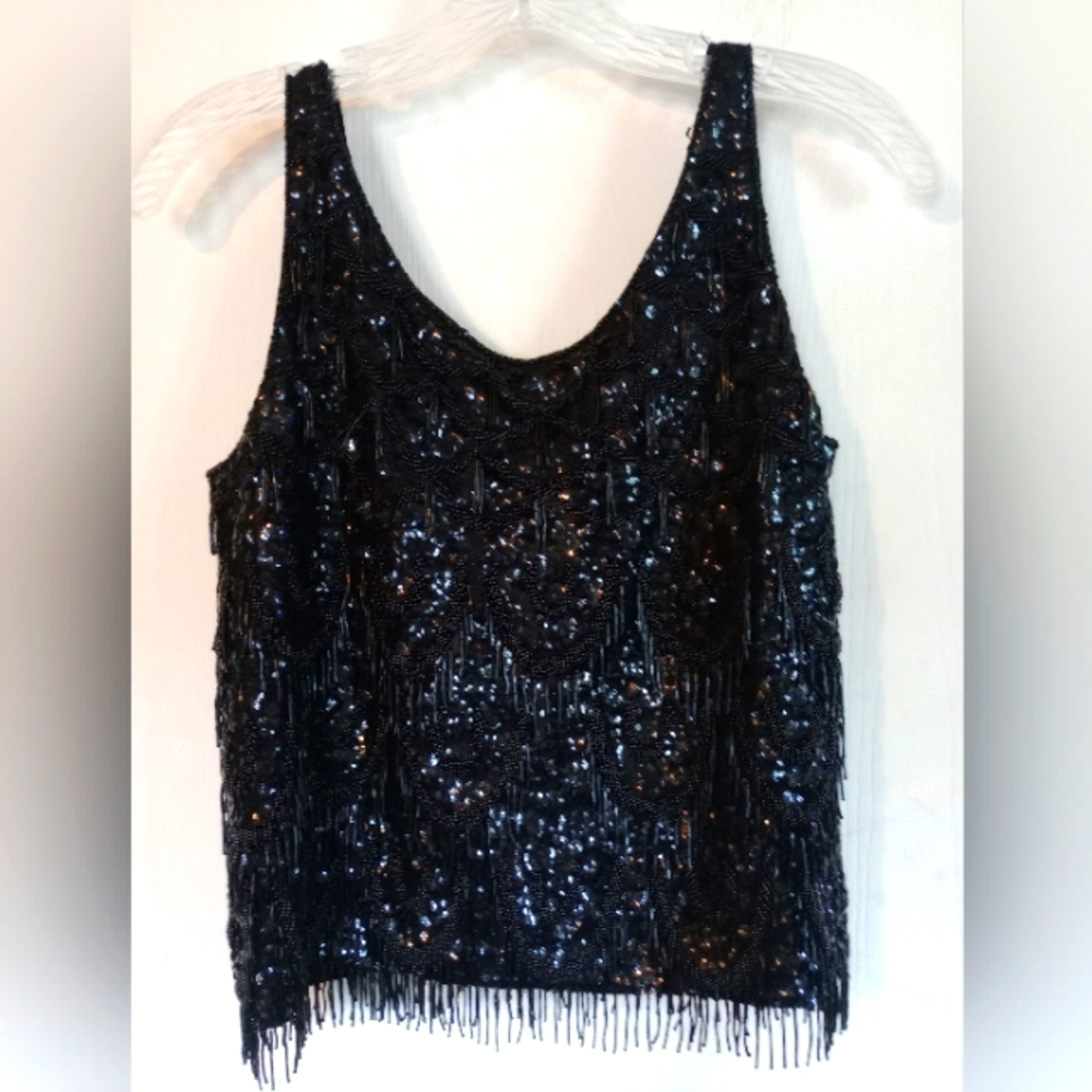 LINS Vintage Camisole Top Black Beaded‎ sz. Medium Cropped